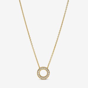 Gold Plated Pandora Logo Pavé Circle Collier Pendant Necklaces | 518-KDYQIH