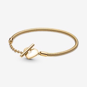 Gold Plated Pandora Moments Heart T-Bar Snake Charm Bracelets | 710-ZHEGBK