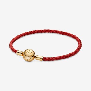 Gold Plated Pandora Moments Red Woven Leather Charm Bracelets | 520-RXIPKT