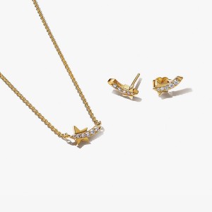 Gold Plated Pandora Necklace & Earring Sets | 368-LJHXUO