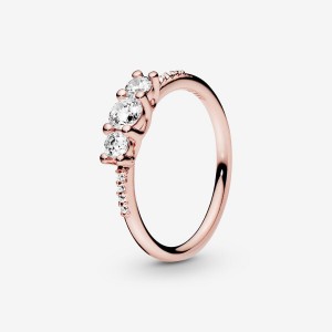 Rose Gold Plated Pandora Clear Three-Stone Heart & Promise Rings | 751-FPQCJU