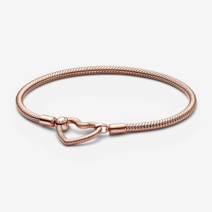 Rose Gold Plated Pandora Moments Heart Closure Snake Charm Bracelets | 731-YLZOXT