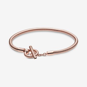 Rose Gold Plated Pandora Moments T-Bar Snake Charm Bracelets | 157-DAFENZ