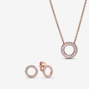 Rose Gold Plated Pandora Sparkling Pave Circle Jewelry Gift Set Necklace & Earring Sets | 720-KZSHOF