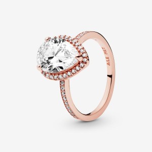 Rose Gold Plated Pandora Sparkling Teardrop Halo Halo & Solitaire Rings | 376-PBORSK