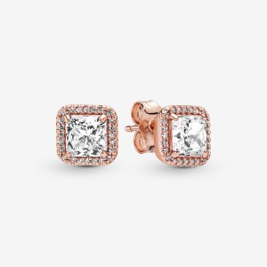 Rose Gold Plated Pandora Square Sparkle Halos Stud Earrings | 475-GZTOBU