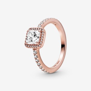 Rose Gold Plated Pandora Square Sparkle Halo Halo & Solitaire Rings | 435-OGHETL