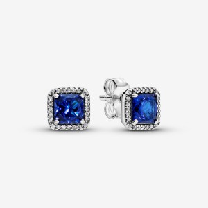 Sterling Silver Pandora Blue Square Sparkle Halos Stud Earrings | 762-QBVOYJ