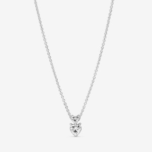 Sterling Silver Pandora Double Heart Sparkling Collier Pendant Necklaces | 081-KNRHTZ