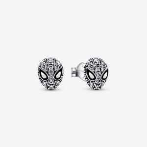 Sterling Silver Pandora Marvel Spider-Man Mask Pavés Stud Earrings | 524-FHMSLC