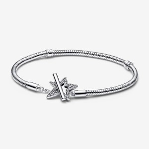 Sterling Silver Pandora Moments Asymmetric Star T-bar Snake Charm Bracelets | 365-KGLCYX