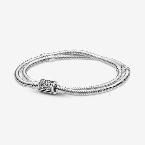 Sterling Silver Pandora Moments Double Wrap Barrel Clasp Snake/Necklace Chain Bracelets | 389-MSFEJN
