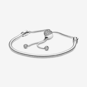 Sterling Silver Pandora Moments Pavé Heart Clasp Snake Slider Charm Holders | 543-MNZDVO