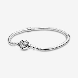 Sterling Silver Pandora Moments Sparkling Heart Clasp Snake Charm Bracelets | 453-SYZJMT