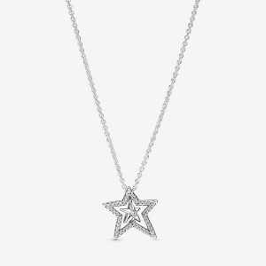 Sterling Silver Pandora Pavé Asymmetric Star Collier Pendant Necklaces | 379-RSYMZO