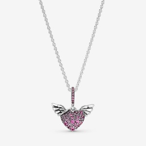 Sterling Silver Pandora Pavé Heart & Angel Wings Pendant Necklaces | 412-ZPGNAX