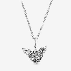 Sterling Silver Pandora Pavé Heart and Angel Wings Pendant Necklaces | 371-ROJWXA