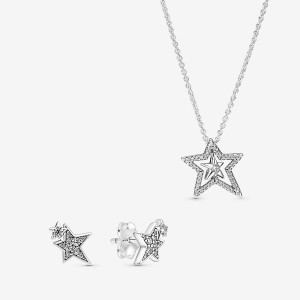 Sterling Silver Pandora Sparkling Asymetric Star Jewelry Gift Set Pendant Necklaces | 480-UFBNIS