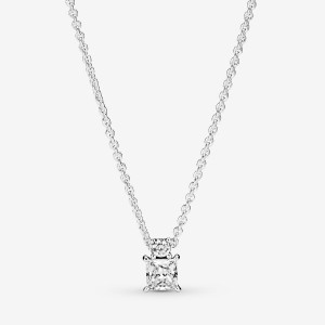 Sterling Silver Pandora Sparkling Collier Round & Square Pendant Necklaces | 506-WQKBLM