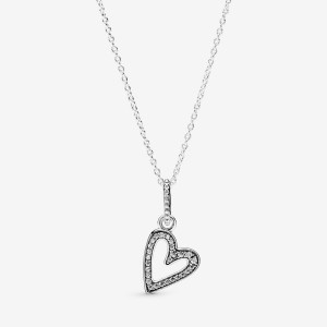 Sterling Silver Pandora Sparkling Freehand Heart Pendant Necklaces | 063-HWJZQK