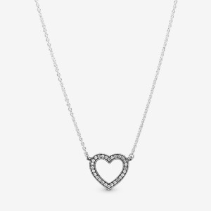 Sterling Silver Pandora Sparkling Open Heart Chain Necklaces | 745-SEXKCA