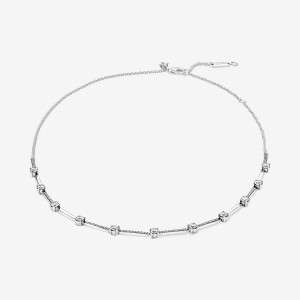 Sterling Silver Pandora Sparkling Pavé Collier Bars Chain Necklaces | 823-ZFNEQK