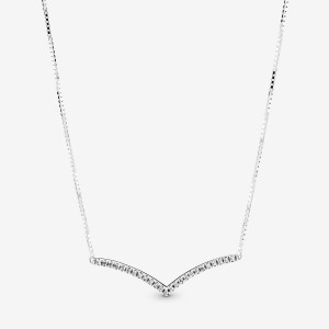 Sterling Silver Pandora Sparkling Wishbone Pendant Necklaces | 015-DQXBTG
