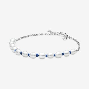 Sterling Silver Pandora Treated Freshwater Cultured Pearl Blue Cord Non-charm Bracelets | 745-DIHYRM