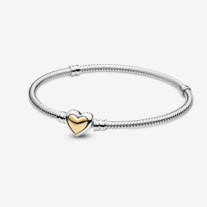 Two-tone Pandora Domed Golden Heart Clasp Snake Charm Bracelets | 137-XGYHKS