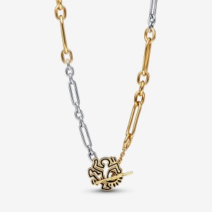 Two-tone Pandora Keith Haring x Two-tone Twisted Figure T Bar Pendant Necklaces | 720-UDTBYS