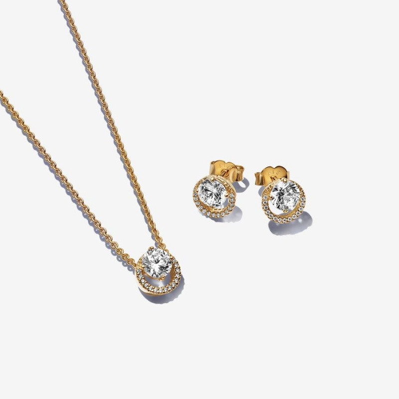Gold Pandora Sparkling Round Halo Jewelry Gift Set Necklace & Earring Sets | 496-HOUVEI