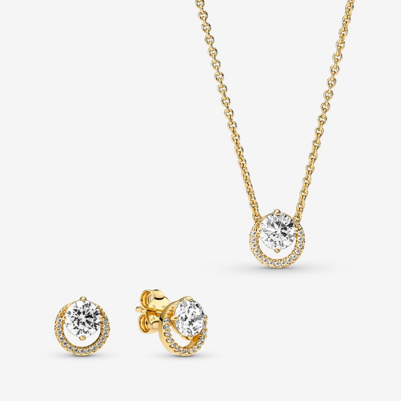 Gold Pandora Sparkling Round Halo Jewelry Gift Set Necklace & Earring Sets | 496-HOUVEI