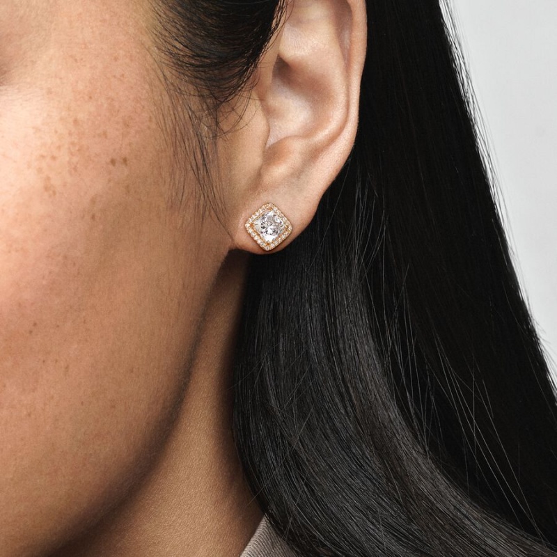 Gold Pandora Square Sparkle Halos Stud Earrings | 602-ZRGDUI