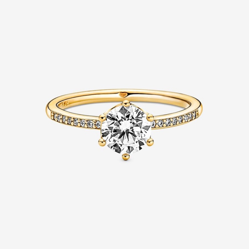 Gold Plated Pandora Clear Sparkling Crown Solitaire Heart & Promise Rings | 865-KDCSXH