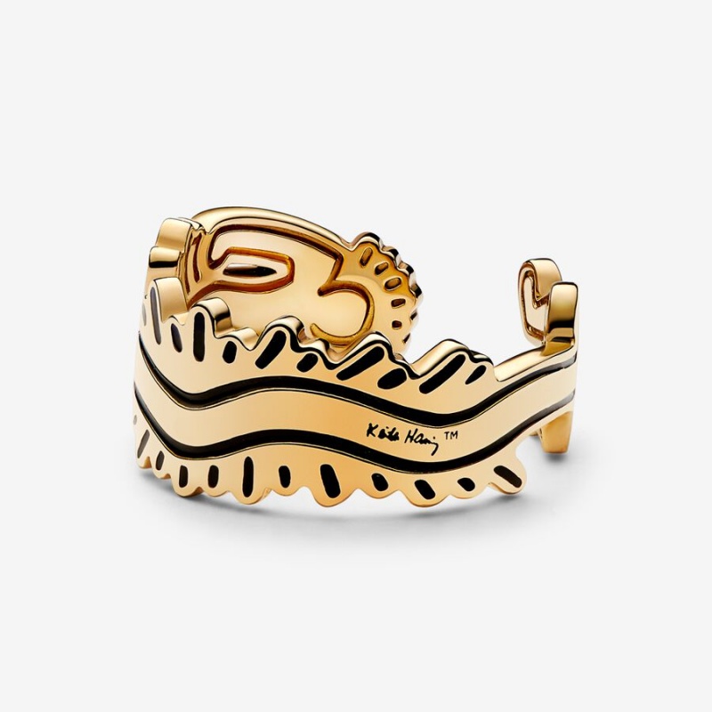 Gold Plated Pandora Keith Haring™ x Wavy Figure Open Band Rings | 294-AFTULW