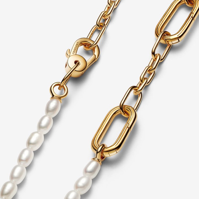 Gold Plated Pandora ME Slim Treated Freshwater Cultured Pearl Chain Necklaces | 984-XNMUDK