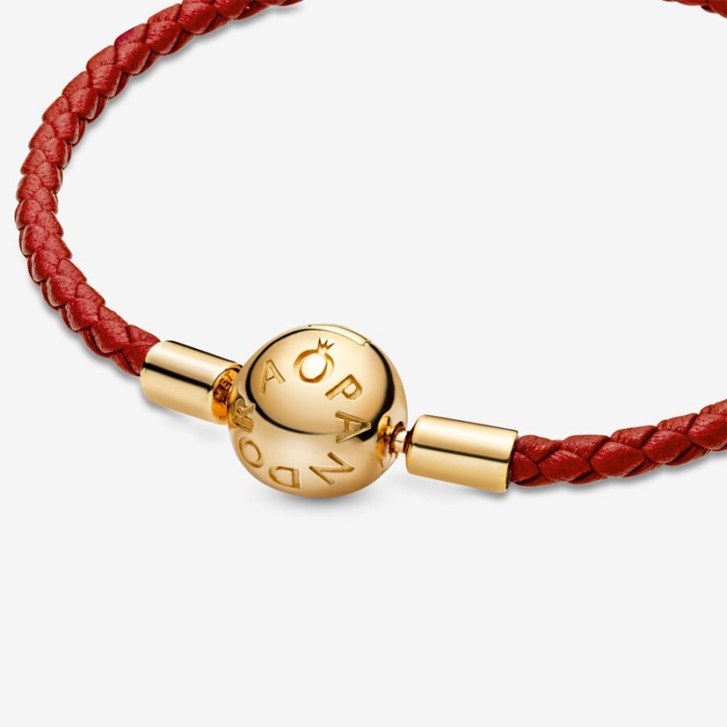 Gold Plated Pandora Moments Red Woven Leather Charm Bracelets | 520-RXIPKT