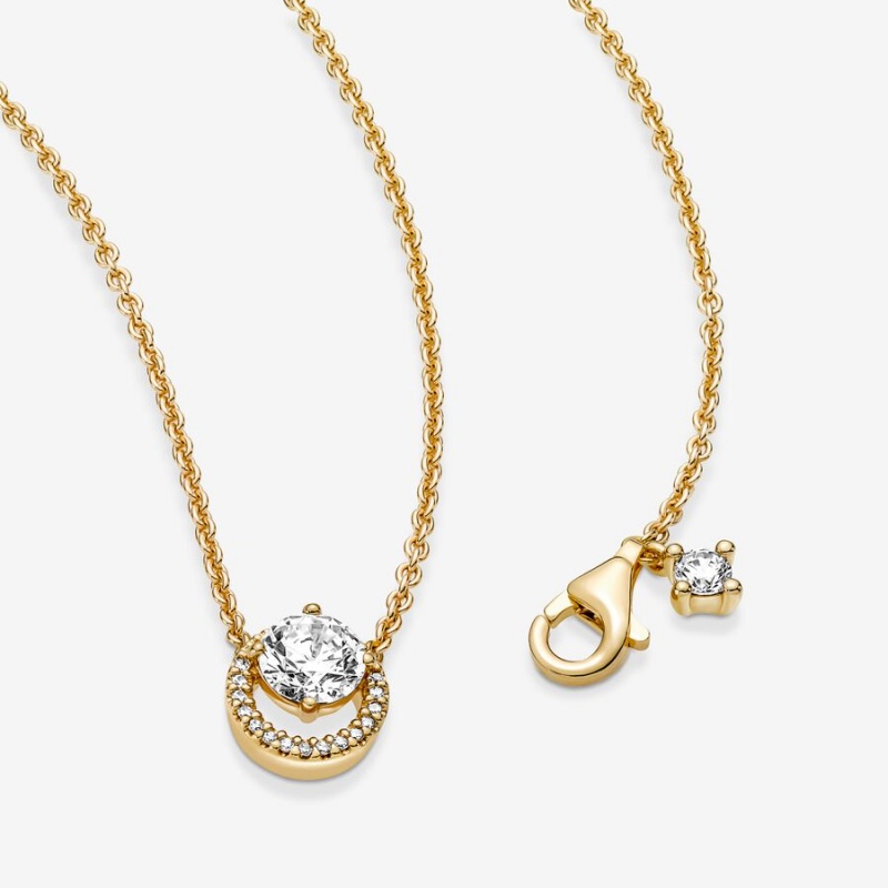 Gold Plated Pandora Sparkling Round Halo Collier Pendant Necklaces | 920-VRXNEU