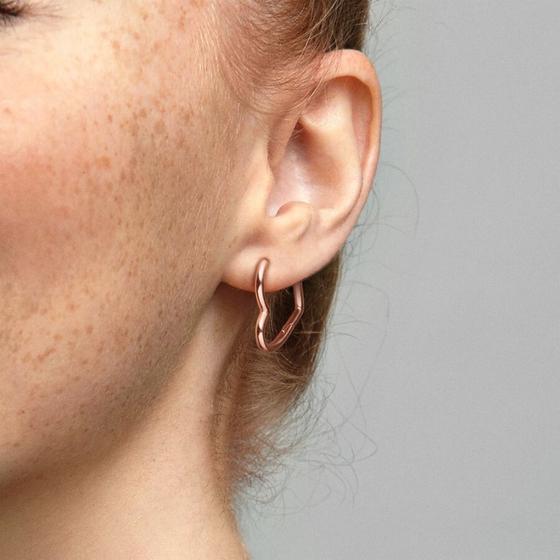 Rose Gold Plated Pandora Asymmetrical Heart Hoop Earrings | 259-KSZHCY