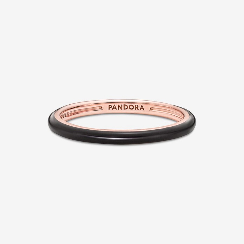 Rose Gold Plated Pandora ME Black Enamel Stackable Rings | 962-ZGKRMC