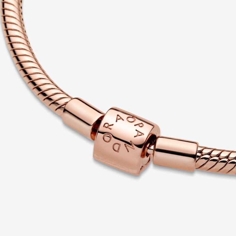 Rose Gold Plated Pandora Moments Barrel Clasp Snake Chain Bracelets | 836-EMVNUC