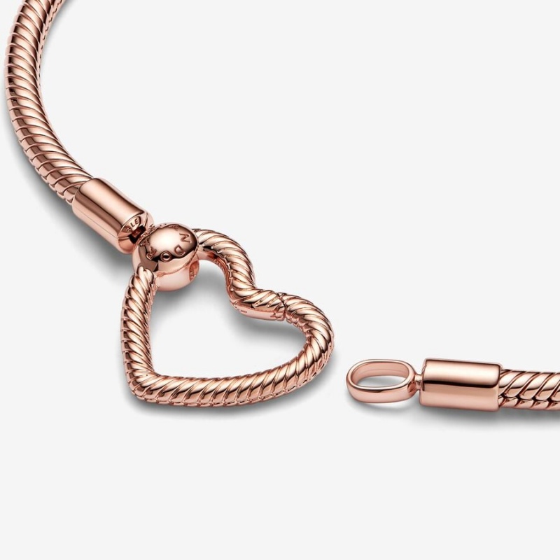 Rose Gold Plated Pandora Moments Heart Closure Snake Charm Holders | 895-RLTHJW