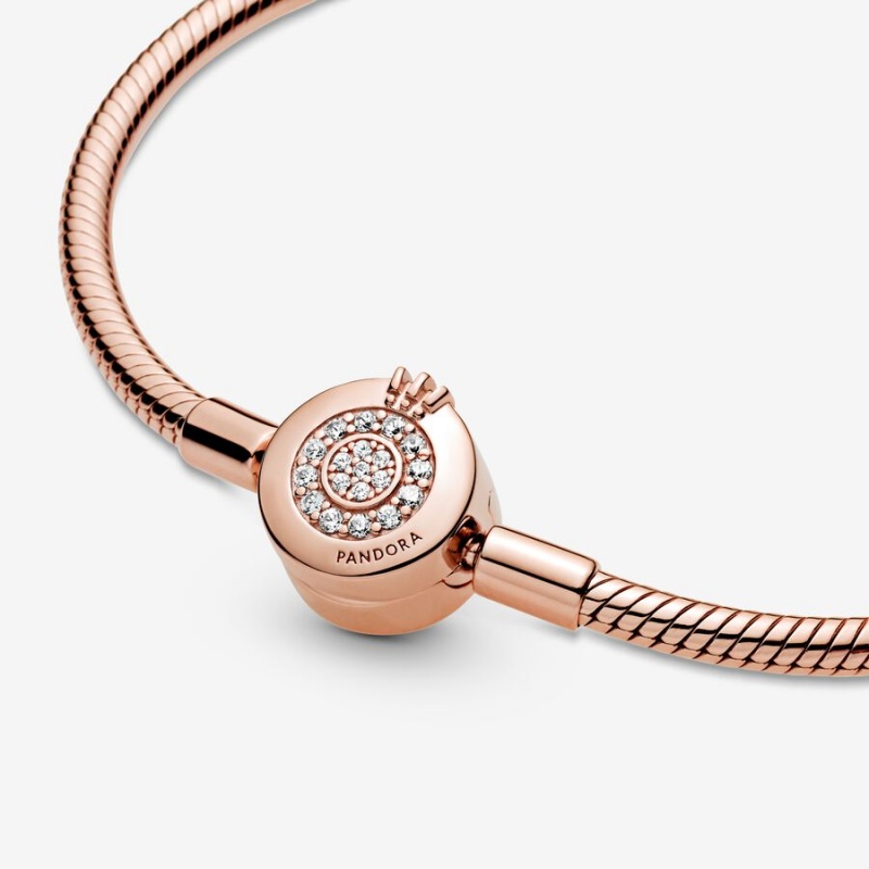 Rose Gold Plated Pandora Moments Sparkling Crown O Snake Chain Bracelets | 167-XJYTLR