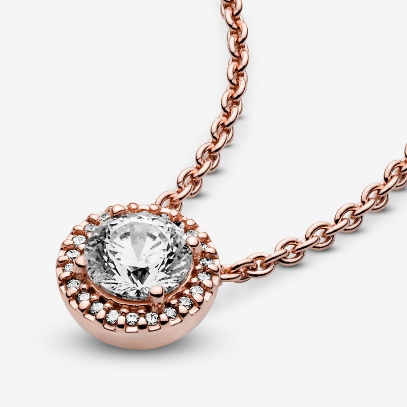 Rose Gold Plated Pandora Round Sparkle Halo Chain Necklaces | 174-PESDFR