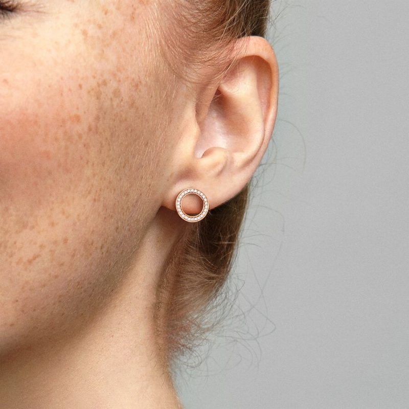 Rose Gold Plated Pandora Sparkling Circles Stud Earrings | 867-OCFAIM
