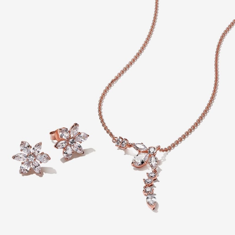 Rose Gold Plated Pandora Sparkling Snowflake Jewelry Gift Set Necklace & Earring Sets | 970-BSNIJL