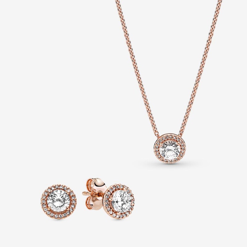 Rose Gold Plated Pandora Sparkling Statement Halo Jewelry Gift Set Necklace & Earring Sets | 697-UIMDZB