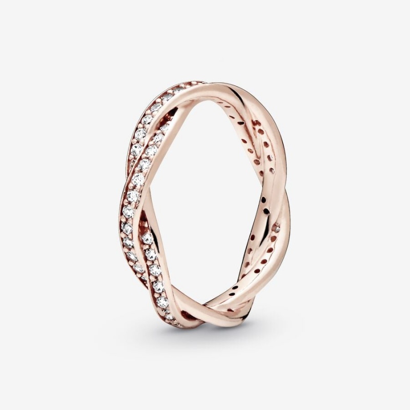 Rose Gold Plated Pandora Sparkling Twisted Lines Band Rings | 793-ATWYND