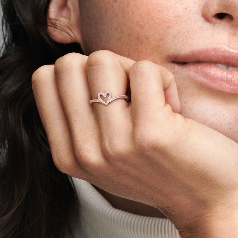 Rose Gold Plated Pandora Sparkling Wishbone Heart & Promise Rings | 492-BTKUCH