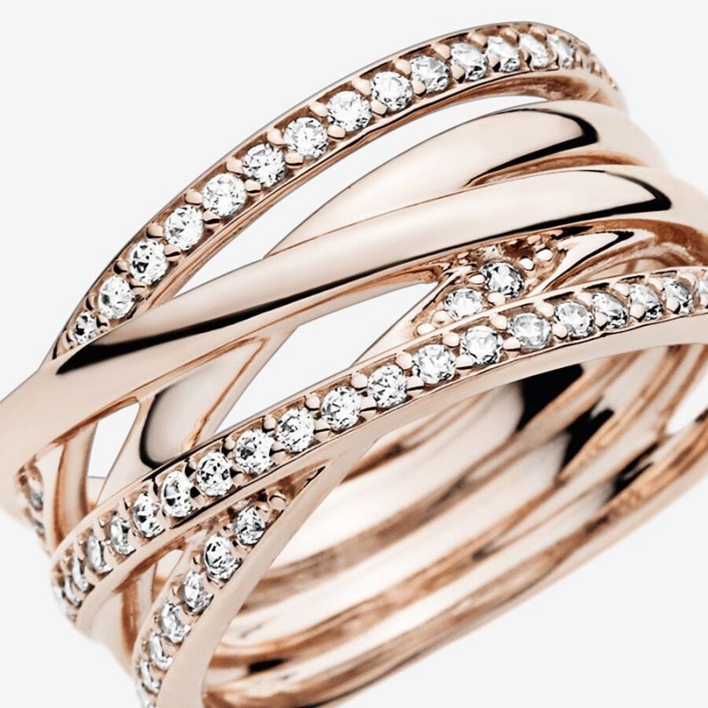 Rose Gold Plated Pandora Sparkling & Polished Lines Band Rings | 203-SWMKDR